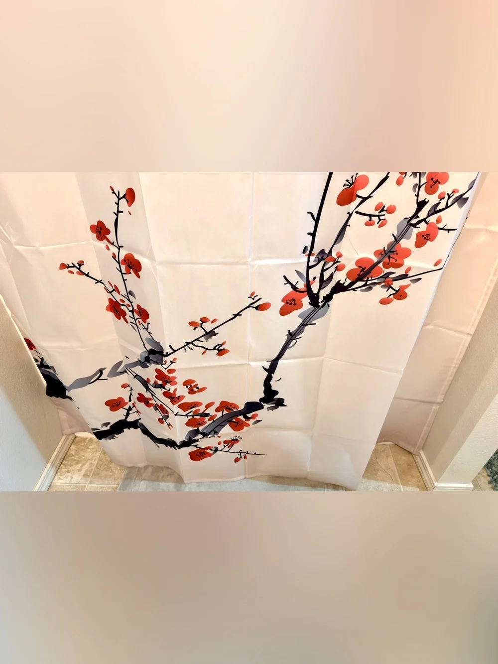 Red Black Bird Blossom Shower Curtain Japenese Inspired